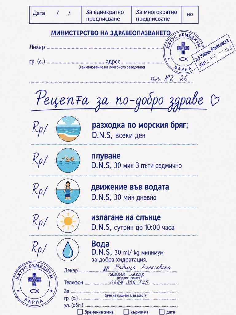 Рецепта за по- добро здраве: 🌊 Ежедневна разходка по морския бряг, време за движение, чист въздух и спокойствие за ума. 🏊 Плуване по 30 минути, 3 пъти седмично за по-здраво сърце, силни мускули и добър тонус. 🚶 Движение във водата по 30 минути дневно – щадяща и ефективна физическа активност за всяка възраст. ☀️ Излагане на слънце в сутрешните часове до 10:00 ч. – естествен източник на витамин D и добро настроение. 💧 Прием на достатъчно вода – минимум 30 ml/kg телесно тегло дневно за добра хидратация и правилно функциониране на организма. Тази рецепта няма срок на годност, няма нежелани лекарствени взаимодействия и може да се прилага ежедневно. Малките стъпки, повтаряни всеки ден, водят до големи промени в здравето.